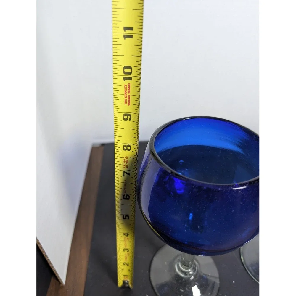 Cobalt Handblown Set of 3 Wine Goblet Glasses Blue Heavy